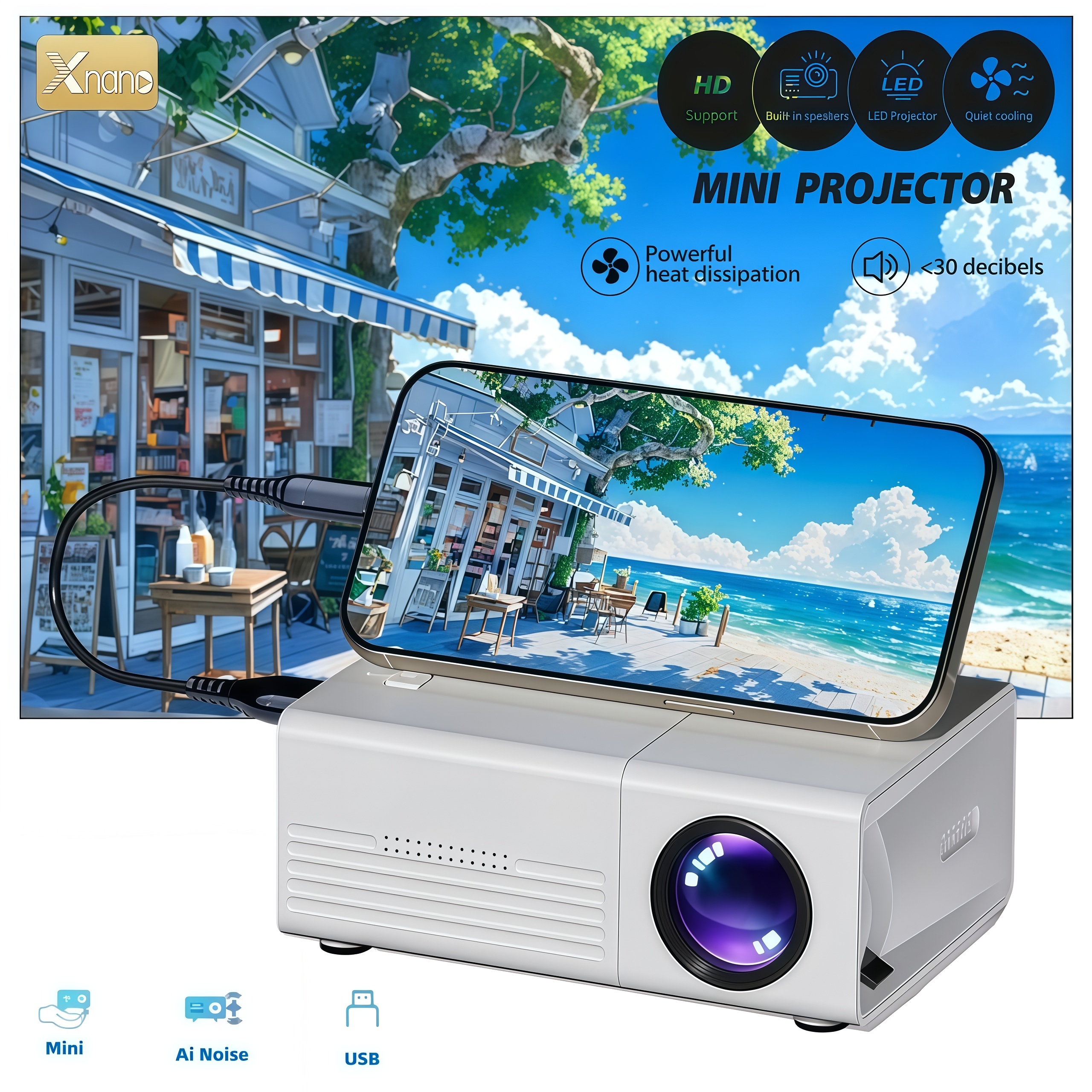 Home Cinema Gaming - XNANO Q1 Mini Projector Portable,1080p,Supports USB-C